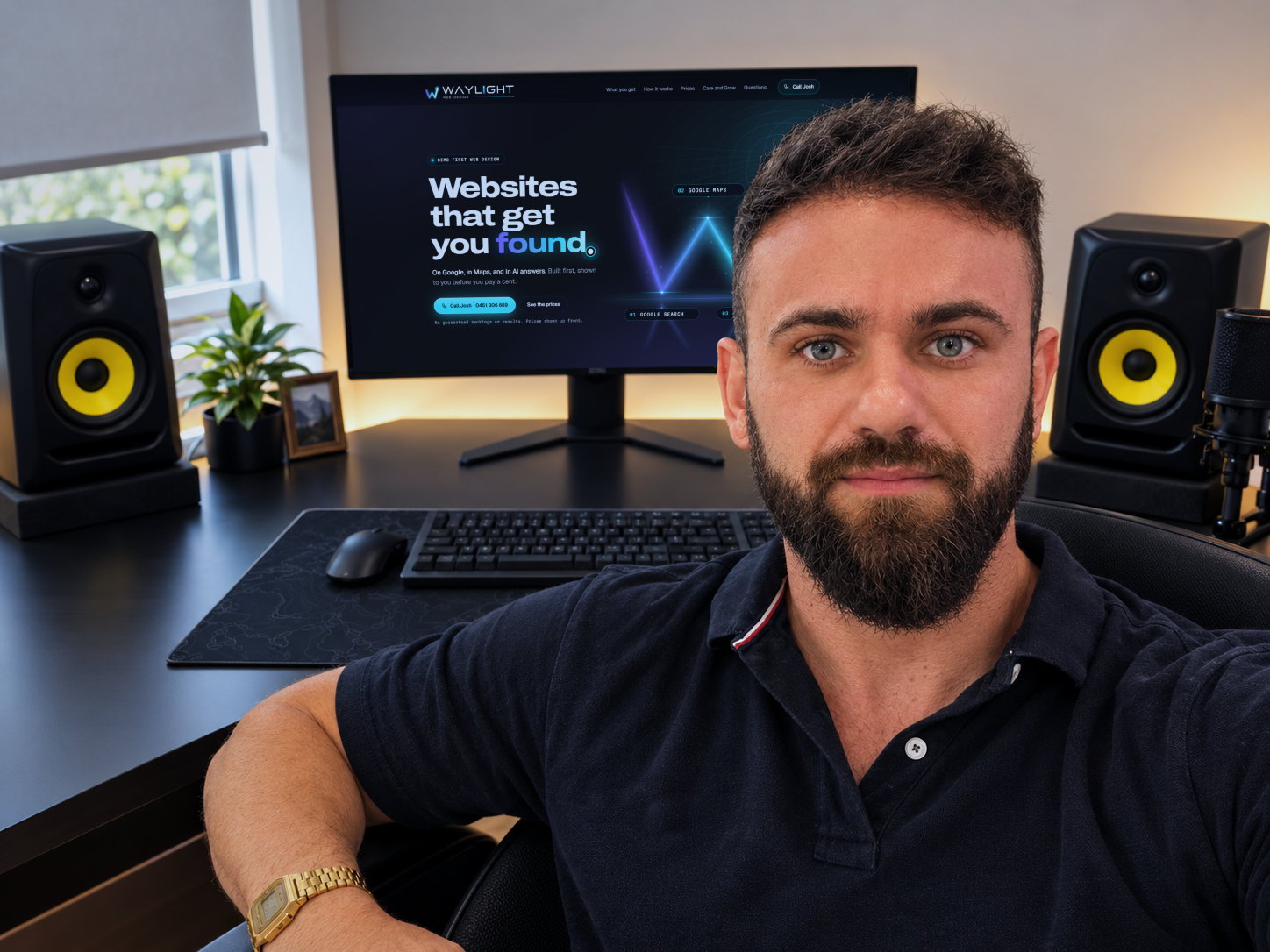 Josh at his desk with the Waylight Web Design site open on his monitor