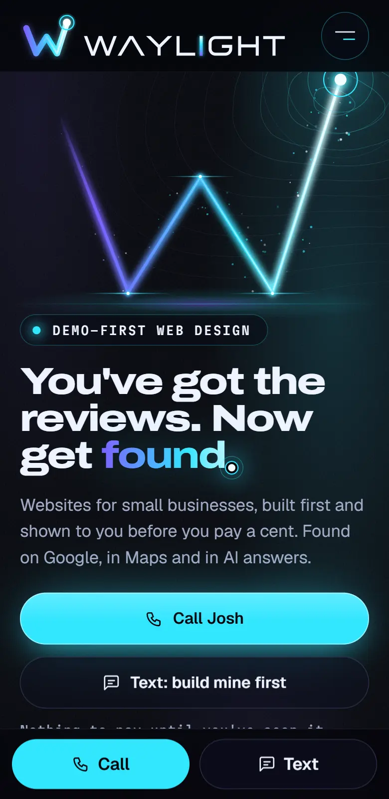 This website's opening screen on a phone: the headline, the beam of light landing on its node, and the call and text buttons.
